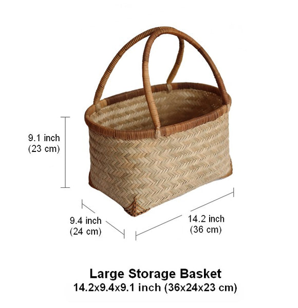 Storage Basket with Handle, Large Kitchen Storage Baskets, Natural Hand-woven Bamboo Storage Basket, Lovely Bamboo Weaving Baskets for Vegetable, Picnic Fruit Storage Baskets-Paintingforhome