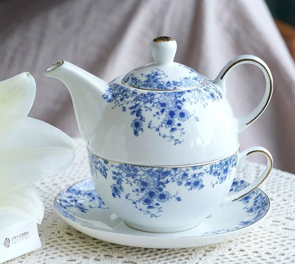 Mother and Baby Teapot with Matching Saucer British Style Porcelain Teapot with Matching Cup and Saucer in Gift Box, Ceramic Tea Pot with Integrated Cup, Stackable Teapot and Cup Set-Paintingforhome