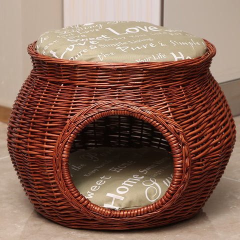 Wicker Cat House Basket with Washable Cushion for Indoor Cats and Dogs, Rattan Cat Bed-Paintingforhome
