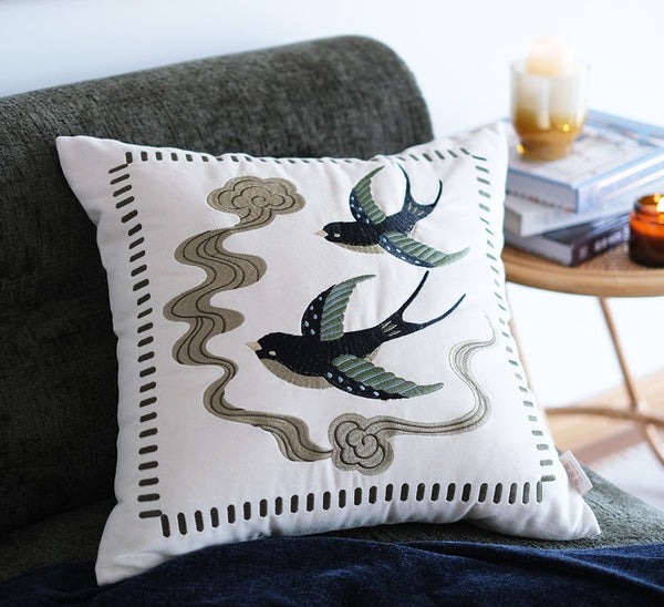 Embroidered Swallow Birds Cushion, Vintage Decorative Pillows, Luxury Decorative Pillows for Couch, Modern Throw Pillows for Couch, Decorative Pillow Arrangement Ideas for Bed-Paintingforhome
