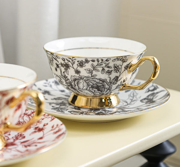 Elegant Flower Ceramic Cups, Unique Royal Coffee Cup and Saucer, Creative Porcelain Tea Cup Saucer Set, Beautiful British Tea Cups-Paintingforhome