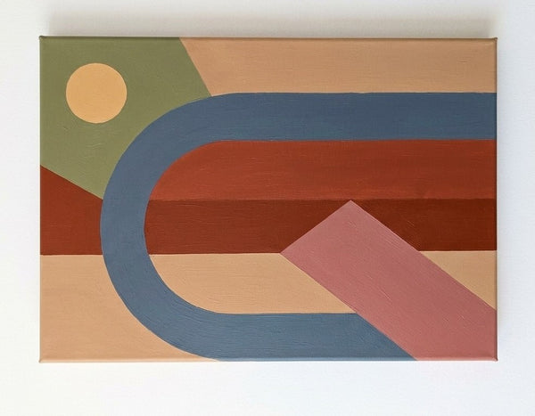 Brown Red, Blue, Sage Green Color, Geometric Pattern Abtract Art for Mid Century Modern Living Room, Original Contemporary Canvas Paintings
