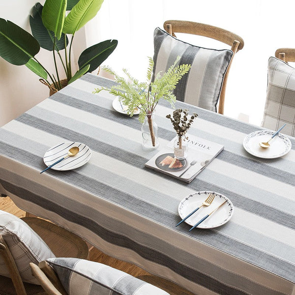 Gray Stripe Rectangular Tablecloth for Oval Table, Rectangular Table Covers for Coffee Table, Modern Table Cloths for Dining Room, Cotton and Linen Tablecloths-Paintingforhome