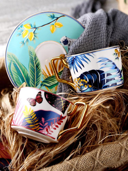 Elegant Tea Cup and Saucer, Jungle Toucan Pattern Porcelain Coffee Cups, 7.4 oz Coffee Cups with Gold Trim and Gift Box-Paintingforhome