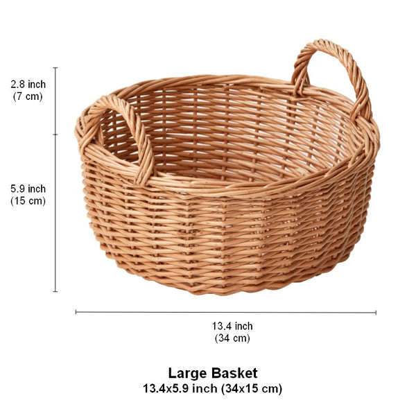 Picnic Fruit Basket with Handle, Kitchen Storage Baskets, Natural Hand-woven Wicker Round Storage Basket, Lovely Willow Weaving Baskets for Vegetable, Natural Fruit Storage Basket-Paintingforhome
