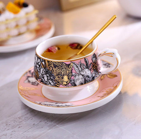 Creative Ceramic Tea Cup and Saucer, Jungle Tiger Cheetah Porcelain Coffee Cups, Unique Ceramic Cups with Gold Trim and Gift Box-Paintingforhome