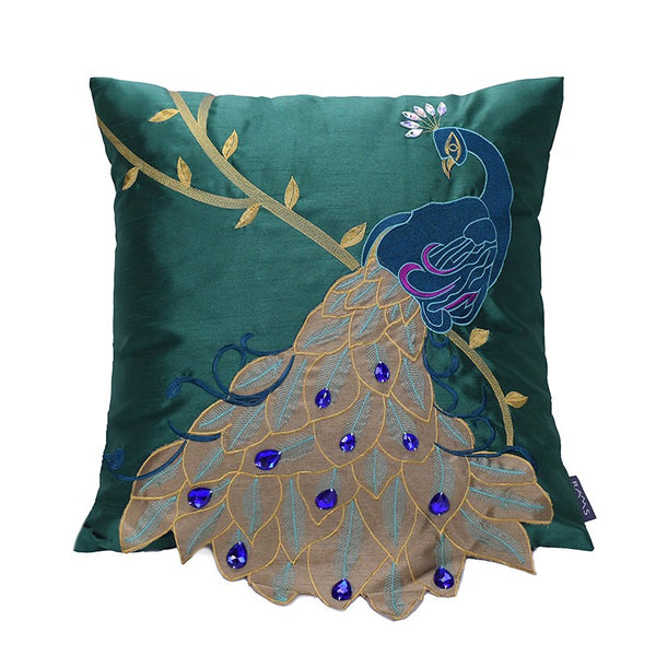 Decorative Sofa Pillows, Decorative Pillows for Couch, Beautiful Decorative Throw Pillows, Green Embroider Peacock Cotton and linen Pillow Cover-Paintingforhome
