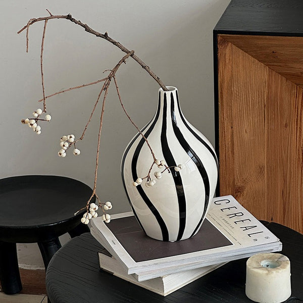 Water Holding Flower Vases, Black and White Striped Ceramic Vase, Porcelain Flower Vases, Modern Flower Vases on Table-Paintingforhome