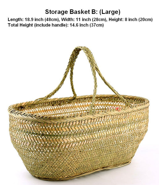 Picnic Food Basket with Handle, Large Natural Hand-woven Bamboo Basket, Lovely Bamboo Baskets for Vegetable, Natural Fruit Basket Kitchen Storage Baskets-Paintingforhome