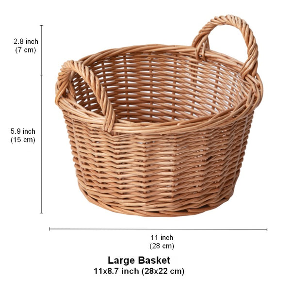 Large Picnic Fruit Basket with Handle, Natural Hand-woven Wicker Round Storage Basket, Lovely Willow Weaving Baskets for Vegetable, Natural Fruit Storage Basket, Kitchen Storage Baskets-Paintingforhome
