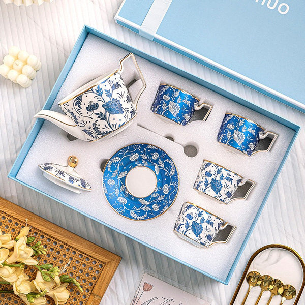 Unique British Traditional Afternoon Tea Cup Set with Teapot, 8 oz Ceramic Coffee Cup with Saucer Set of 4 cups in Gift Box, Blue Porcelain Tea Cup and Saucer Set-Paintingforhome