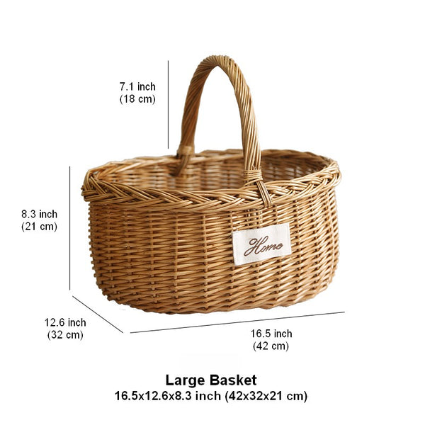 Hand-woven Wicker Storage Basket, Large Picnic Food Basket with Handle, Willow Weaving Baskets for Vegetable, Natural Fruit Basket, Kitchen Storage Baskets-Paintingforhome