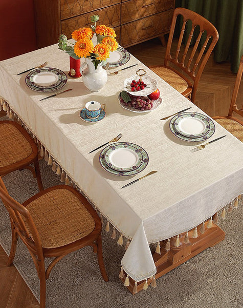 Modern Rectangle Tablecloth for Kitchen, Beige Fringes Tablecloth for Home Decoration, Square Tablecloth for Round Table, Large Simple Table Cloth for Dining Room Table-Paintingforhome
