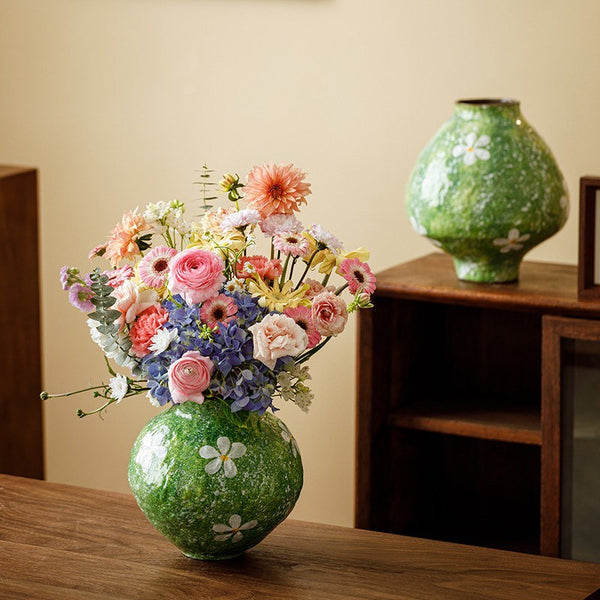 Modern Pottery Flower Vases, Centerpiece on Dining Table, Handmade Water Holding Flower Vases, Pottery Bud Vases, Large Green Flower Vases on Table-Paintingforhome
