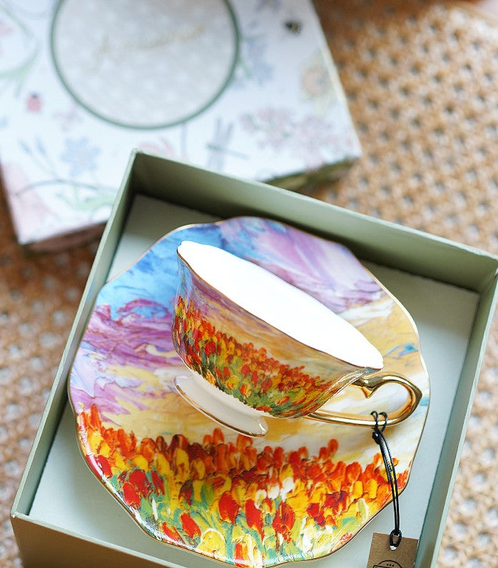 Elegant Ceramic Coffee Cups, Flower Field Vintage Bone China Porcelain Tea Cup Set, Unique British Tea Cup and Saucer in Gift Box, Royal Ceramic Cups-Paintingforhome