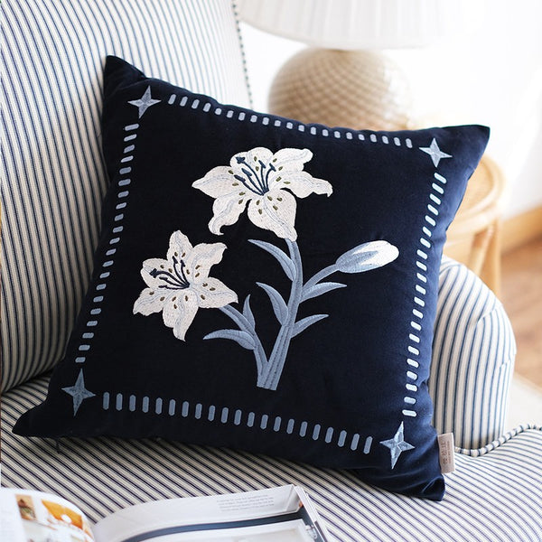 Dark Blue Lily Embroidered Cushion, Living Room Decorative Pillows, Decorative Pillow Arrangement Ideas for Couch, Large Decorative Pillows for Couch, Modern Throw Pillows for Bedroom-Paintingforhome