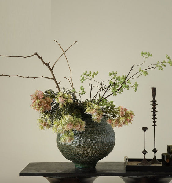 Centerpiece Ceramic Bouquet Vases, Green Porcelain Vases for Modern Home Decor, Large Contemporary Vases on Dining Table, Handmade Modern Flower Vase-Paintingforhome