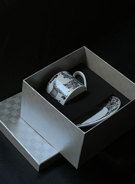 Royal Ceramic Cups, Elegant Ceramic Coffee Cups, 6.8 oz Tea Cup and Saucer in Gift Box, Zebra Jungle Porcelain Tea Cup Saucer Set-Paintingforhome