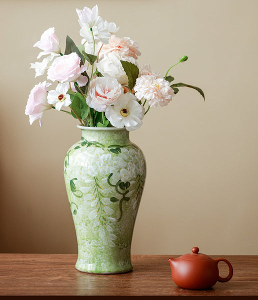Large Flower Vases on Table, Green Porcelain Flower Vases, Centerpiece Ceramic Bud Vases, Handmade Water Holding Flower Vase-Paintingforhome