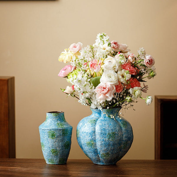 Centerpiece on Dining Table, Blue Flower Vase on Table, Handmade Water Holding Flower Vases, Pottery Flower Vases, Modern Bouquet Flower Vases-Paintingforhome