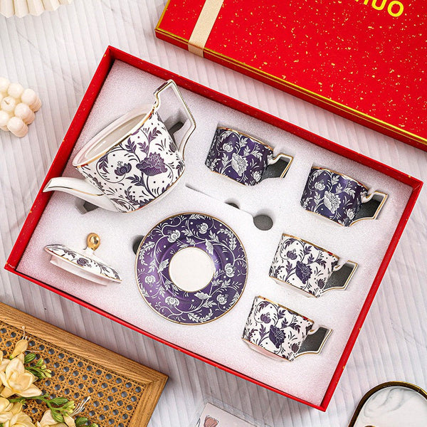 Porcelain Tea Cup and Saucer Set of 4 cups, 8 oz British Traditional Afternoon Tea Cup Set with Teapot, Ceramic Coffee Cup with Saucer in Gift Box-Paintingforhome