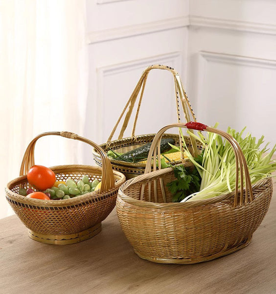 Natural Hand-woven Bamboo Basket, Natural Fruit Basket Kitchen Storage Baskets, Extra Large Picnic Food Basket with Handle, Lovely Bamboo Baskets for Vegetable-Paintingforhome