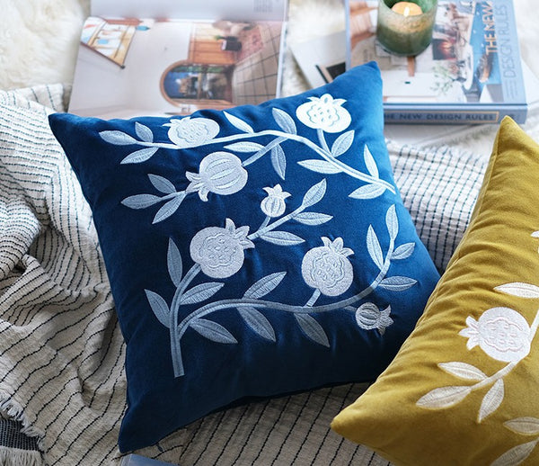 Large Decorative Pillows for Couch, Living Room Decorative Pillows, Blue Embroidered Pomegranate Cushion, Modern Throw Pillows for Bedroom, Decorative Pillow Arrangement Ideas for Couch-Paintingforhome