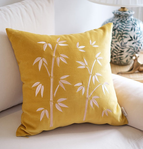 Decorative Pillow Arrangement Ideas for Couch, Large Decorative Pillows for Couch, Modern Throw Pillows for Bedroom, Living Room Decorative Pillows, Yellow Embroidered Bamboo Cushion-Paintingforhome