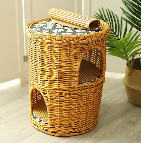 Triple-Layer Cat Bed, Large Cat House Basket with Washable Cushion for Indoor Cats and Dogs-Paintingforhome