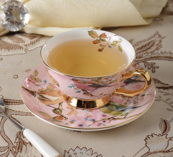 Elegant Ceramic Coffee Cups, 7.4 oz British Tea Cups, Bird Porcelain Tea Cup Saucer Set, Tea Cup and Saucer in Gift Box as Birthday Gift-Paintingforhome