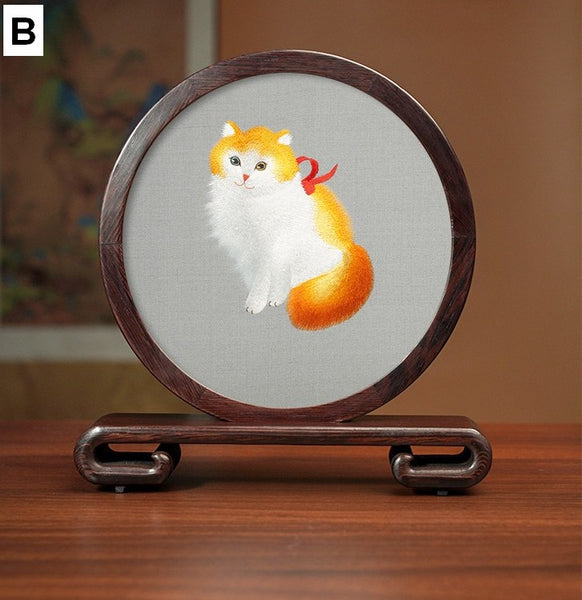 Exclusive Business Present, Lovely Kitty Cat Embroidered Decor, Premium Souvenir, Unique Birthday Gift, Traditional Chinese Suzhou Kitten Embroidery Ornament-Paintingforhome