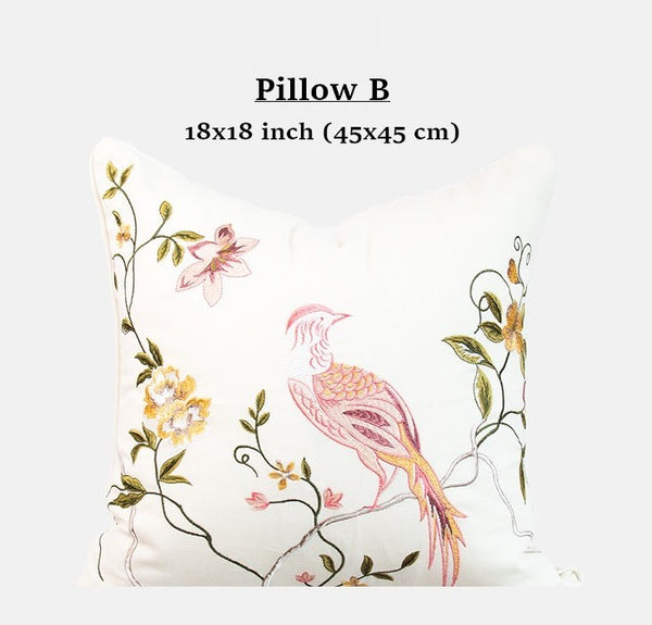 Living Room Decorative Pillows, Modern Decorative Cushions, Decorative Pillows for Bed, Decorative Pillow Arrangement Ideas for Interior Design, Embroidered Floral Bird Pattern Pillow Covers-Paintingforhome