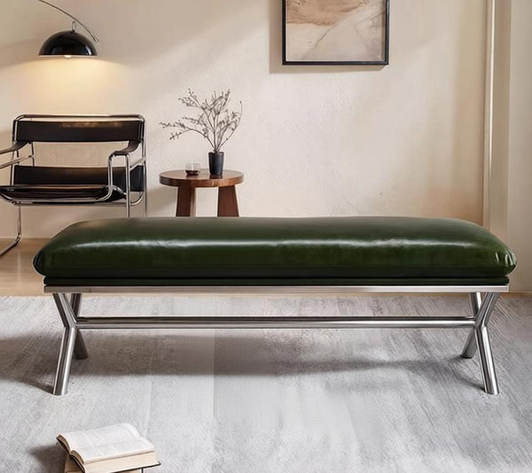Contemporay Bedroom Bench, Luxury Genuine Leather Entry Bench, Upholstered Shoe Bench, Narrow Entryway Bench, Modern Shoe Changing Ottoman, Mid-Century Hall Bench-Paintingforhome