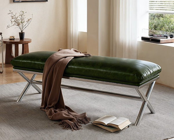 Contemporay Bedroom Bench, Luxury Genuine Leather Entry Bench, Upholstered Shoe Bench, Narrow Entryway Bench, Modern Shoe Changing Ottoman, Mid-Century Hall Bench-Paintingforhome