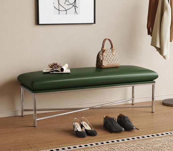 Narrow Entryway Bench, Modern Shoe Changing Ottoman, Mid-Century Hall Bench, Luxury Genuine Leather Entry Bench, Upholstered Shoe Bench, Contemporay Bedroom Bench-Paintingforhome