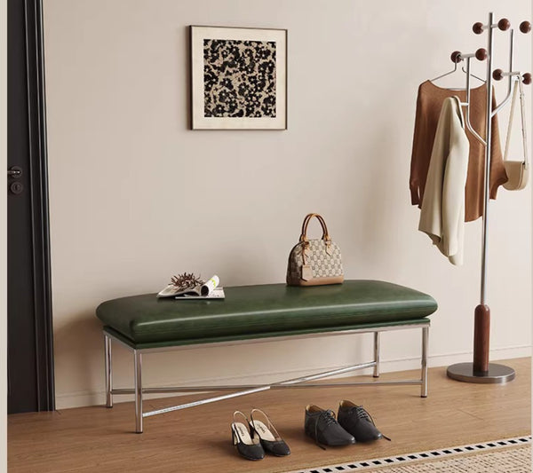 Narrow Entryway Bench, Modern Shoe Changing Ottoman, Mid-Century Hall Bench, Luxury Genuine Leather Entry Bench, Upholstered Shoe Bench, Contemporay Bedroom Bench-Paintingforhome