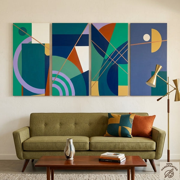 Blue Modern Contemporary Paintings, Geometric Abstract Paintings, Hand Painted Canvas Art, Multi Panel Wall Painting