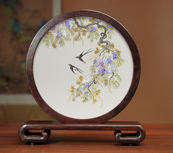 Silk Embroidered Ornament, Premium Souvenir, Exclusive Business Presents, Creative Birthday Gift, Traditional Chinese Suzhou Flower and Birds Embroidery Ornaments-Paintingforhome