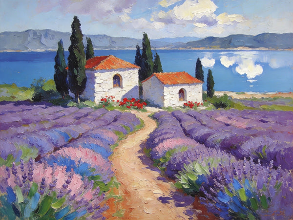 Small Wall Paintings, Lavender Fields and White Cottages, Simple Painting Ideas, Landscape Canvas Paintings, Impasto Wall Art Paintings, On Canvas Small Paintings-Paintingforhome