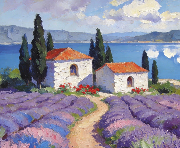 Small Wall Paintings, Lavender Fields and White Cottages, Simple Painting Ideas, Landscape Canvas Paintings, Impasto Wall Art Paintings, On Canvas Small Paintings-Paintingforhome