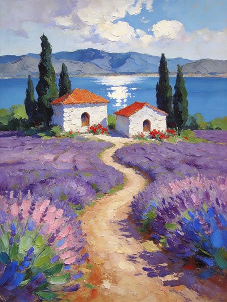 Sunlit Lavender Fields with White Cottages Impasto Paintings, Small Oil Paintings, Small Wall Paintings, Landscape Artwork Canvas Paintings, Small Original Paintings-Paintingforhome