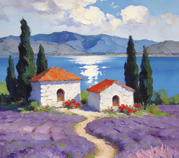 Sunlit Lavender Fields with White Cottages Impasto Paintings, Small Oil Paintings, Small Wall Paintings, Landscape Artwork Canvas Paintings, Small Original Paintings-Paintingforhome