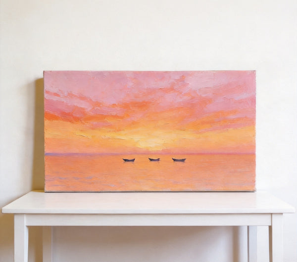Hand Painted Canvas Artwork, Boats Adrift in Sunset Glow, Small Canvas Wall Art Paintings, Sunset Paintings, Original Seascape Paintings-Paintingforhome