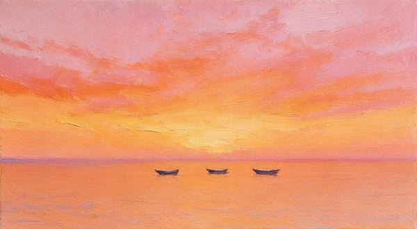 Hand Painted Canvas Artwork, Boats Adrift in Sunset Glow, Small Canvas Wall Art Paintings, Sunset Paintings, Original Seascape Paintings-Paintingforhome