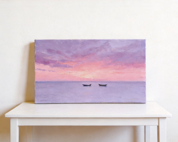 Small Canvas Paintings, Sunset Paintings, Silence of the Twilight Sea, Original Seascape Paintings, Hand Painted Canvas Wall Art-Paintingforhome