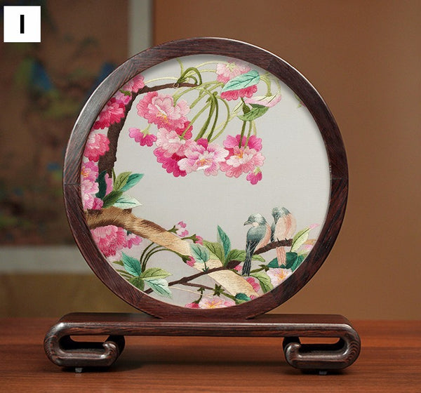 Silk Embroidered Ornament, Premium Souvenir, Exclusive Business Presents, Creative Birthday Gift, Traditional Chinese Suzhou Flower and Birds Embroidery Ornaments-Paintingforhome