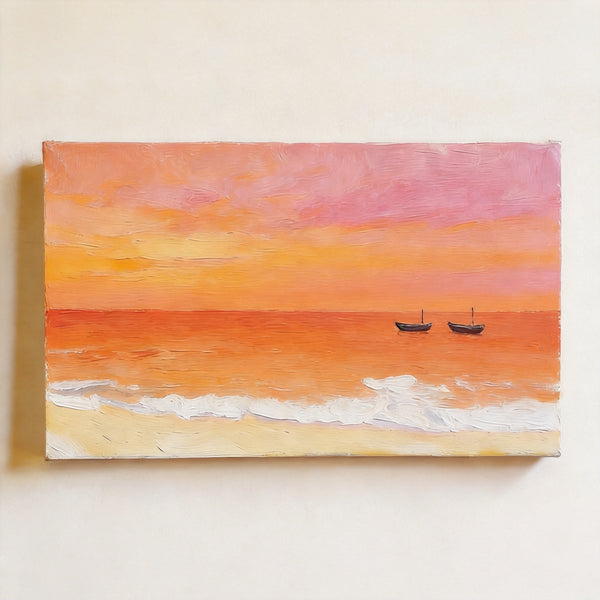 Small Canvas Wall Art Paintings, Sunset Paintings, Sailing Boats Adrift in Sunset Glow, Original Seascape Paintings, Hand Painted Canvas Artwork-Paintingforhome