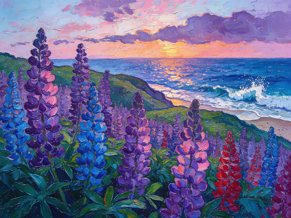 Seaside Lupines in Bloom, Heavy Texture Paintings, Original Small Landscape Paintings, Small Oil Paintings on Canvas, Small Paintings on Canvas, Hand Painted Canvas Art-Paintingforhome