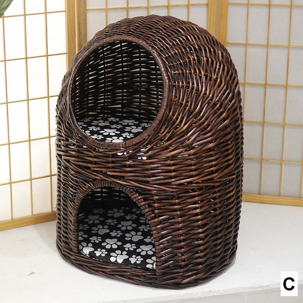 Large Double-Layer Cat Bed, Wicker Cat House Basket with Washable Cushion for Indoor Cats and Dogs-Paintingforhome