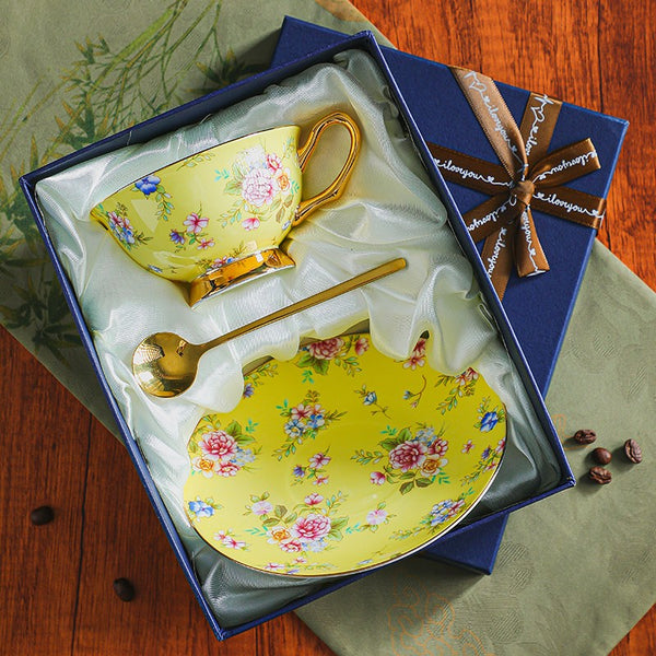 Ceramic Tea Cup and Saucer Set of 2 Cups in Gift Box, Flower Royal Porcelain Tea Cup and Saucer Set, Elegant Ceramic Coffee Cups-Paintingforhome